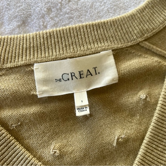 THE GREAT. Neutral Studded Polka Dot V-Neck Cozy Sweater - Picture 4 of 9